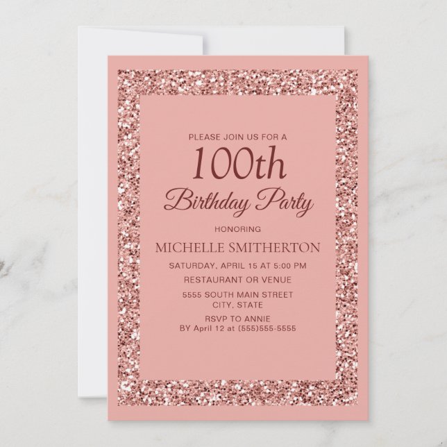 Elegant Pink Glitter Sparkle Women 100th Birthday  Invitation (Front)