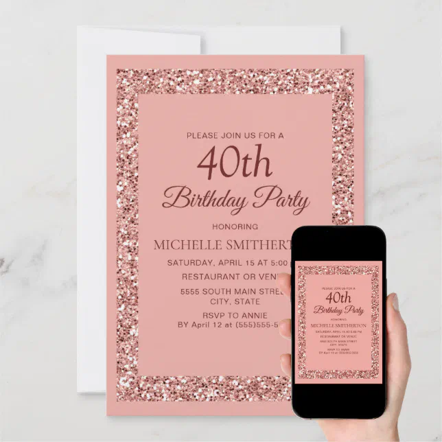 Elegant Pink Glitter Sparkle Women 40th Birthday Invitation | Zazzle