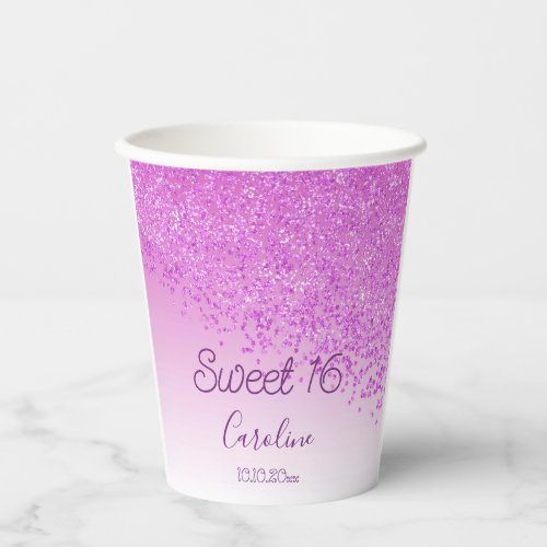 Elegant Pink Glitter Sweet 16 Birthday Paper Cups