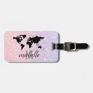 Elegant pink glitter Travel World - Map Luggage Tag