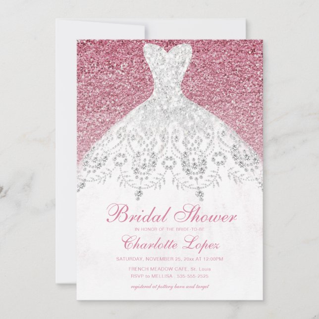 Elegant Pink Glitter Wedding Dress Bridal Shower Invitation (Front)