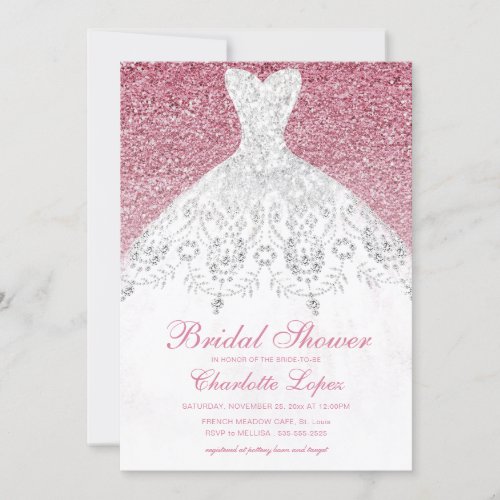 Elegant Pink Glitter Wedding Dress Bridal Shower Invitation