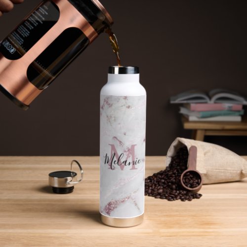 Elegant Pink Glitter White Marble Monogram  Name Water Bottle