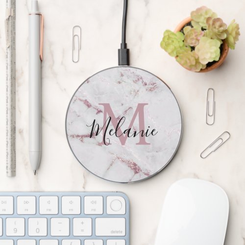 Elegant Pink Glitter White Marble Monogram  Name Wireless Charger