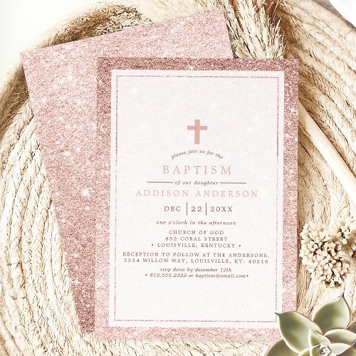 Elegant Pink Glitter With Cross Baptism Invitation