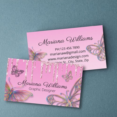 elegant pink glitters dripping butterflies stylish business card