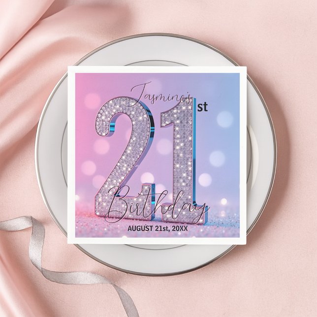 Elegant Pink Glittery Diamonds 21st Birthday Napkins (Creator Uploaded)