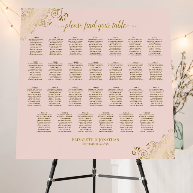 Elegant Pink & Gold 27 Table Wedding Seating Chart Foam Board (In Situ (Stand))