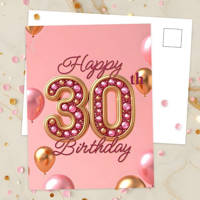 Elegant Pink & Gold 30th Birthday Milestone Postcard (Creator Uploaded)
