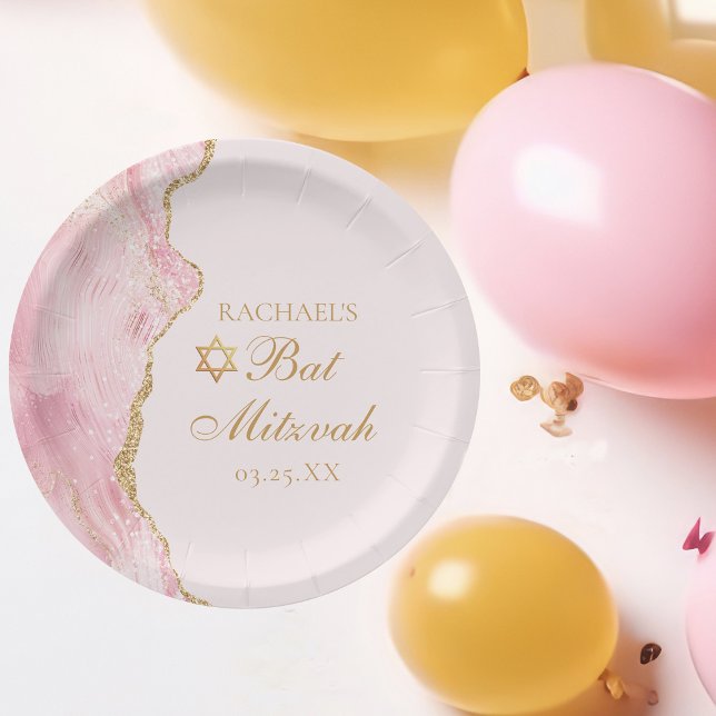 Elegant Pink Gold Agate Bat Mitzvah Party Paper Plates (Creator Uploaded)