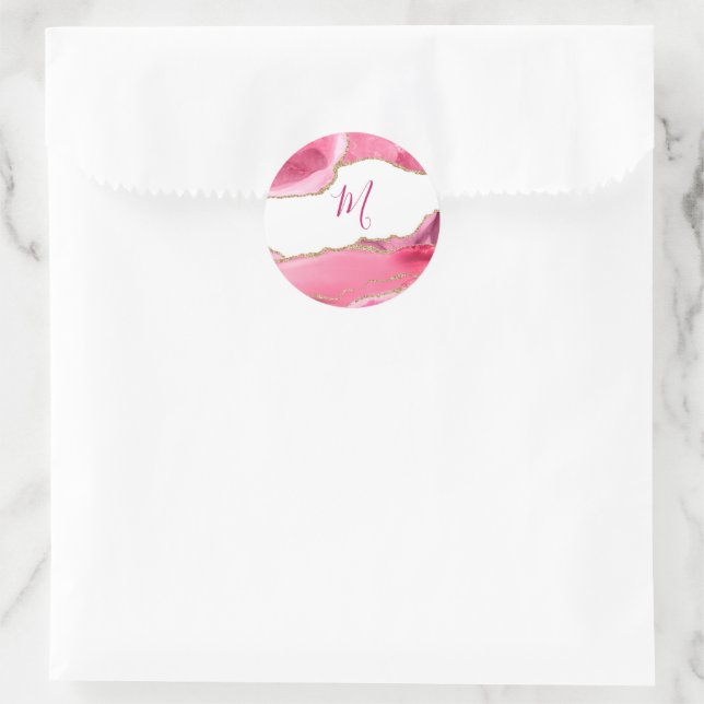 Elegant Pink & Gold Agate Stone Wedding Classic Classic Round Sticker (Bag)