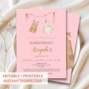 Elegant Pink & Gold Baby Girl Aqiqah Invitation