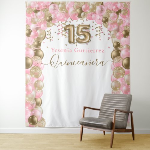 Elegant Pink Gold Balloon Arch Quinceanera Tapestry