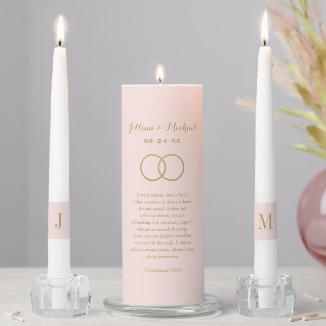 Elegant Pink Gold Bible Verse Monogram Unity Candle Set (In Situ)