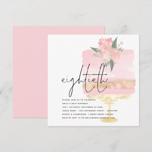 Elegant Pink Gold Birthday Cake 80th Party Invitation (Front/Back)