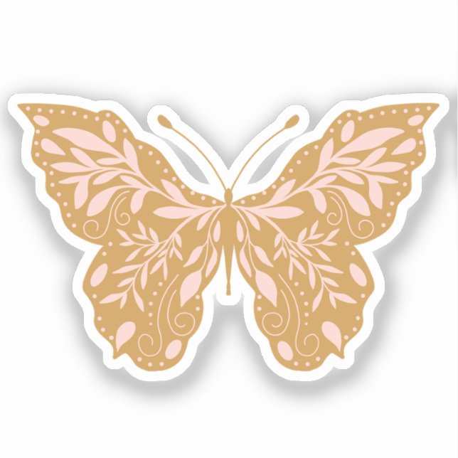 Elegant Pink & Gold Botanical Butterfly Sticker (Front)