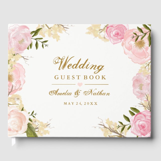 Elegant Pink Gold Botanical Wedding Guest Book (Front)