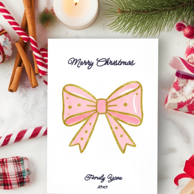 Elegant Pink Gold Bow Family Year 2025 Christmas Holiday Card (Creator Uploaded)