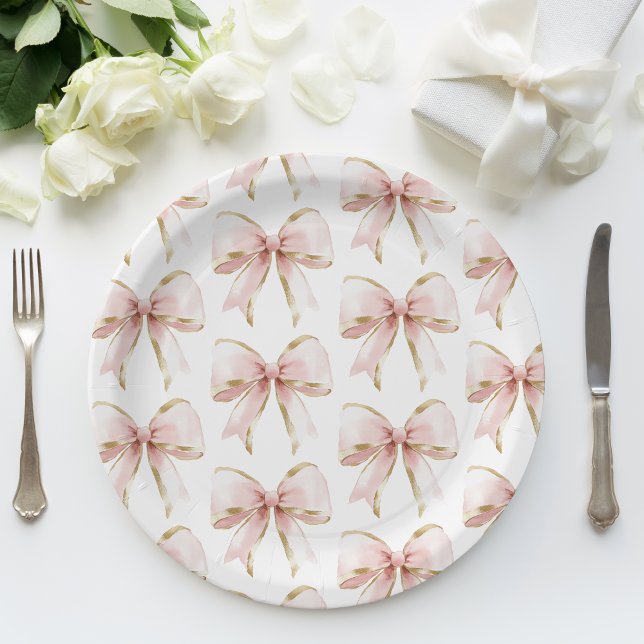 Elegant Pink Gold Bow Pattern Baby Shower Girl  Paper Plates (Creator Uploaded)