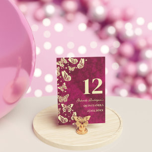 Elegant Pink Gold Butterflies Quinceañera Seating Table Number