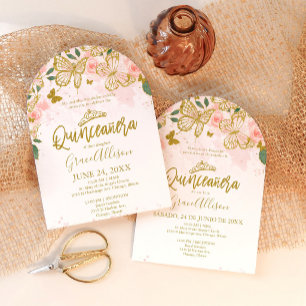Elegant Pink Gold Butterfly Bilingual Quinceanera Invitation