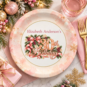 Elegant Pink Gold Christmas 30th Birthday Paper Plates