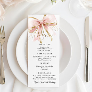 Elegant Pink Gold Coquette Bow Sweet 16th Birthday Menu