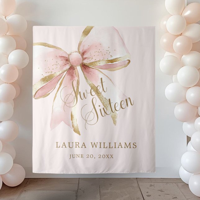 Elegant Pink & Gold Coquette Sweet 16th Backdrop (Pink and Gold Coquette pink Sweet sixteen birthday backdrop banner)