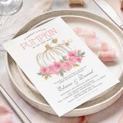 Elegant Pink  Gold Couples Pumpkin Baby Shower Invitation