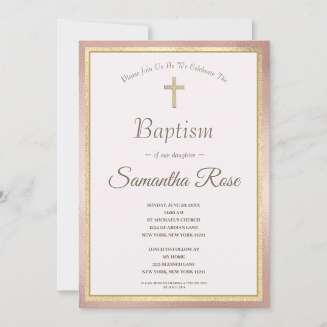 Elegant Pink Gold Cross Baby Girl Baptism Invitati Invitation (Front)