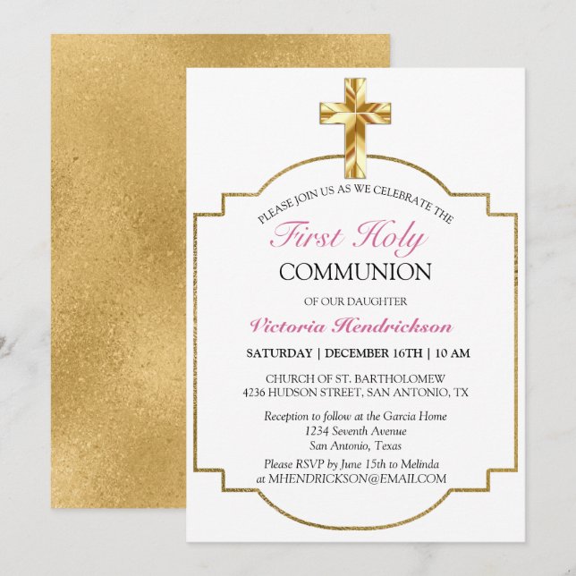 Elegant Pink Gold Cross First Holy Communion  Invitation (Front/Back)