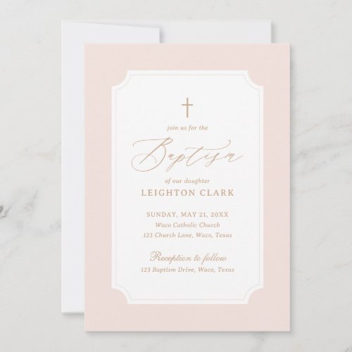 Elegant Pink Gold Cross Girl Baptism Invitation