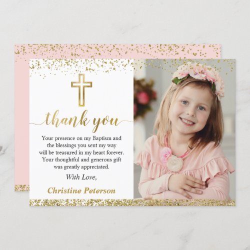 Elegant Pink Gold Cross Girl Baptism Photo Thank You Card