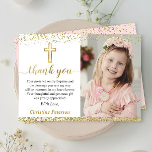 Elegant Pink Gold Cross Girl Baptism Photo Thank You Card