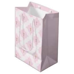 Elegant pink gold cross white pattern baptism medium gift bag