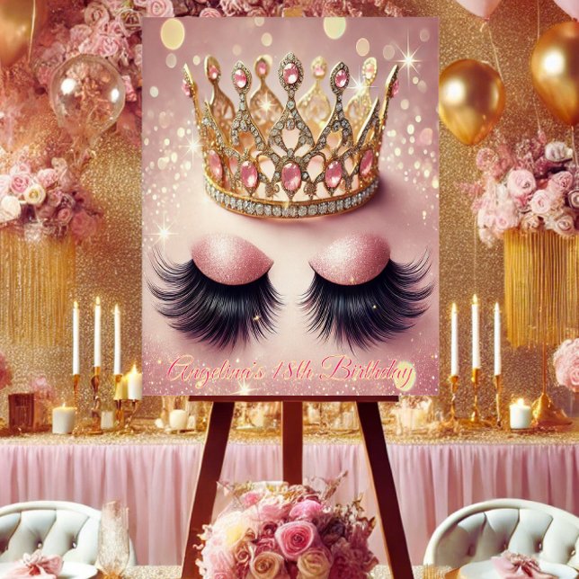 Elegant Pink & Gold Crown Eyelashes  Acrylic Sign (Celebrate in glam style with this luxe crown & lashes acrylic birthday sign!)