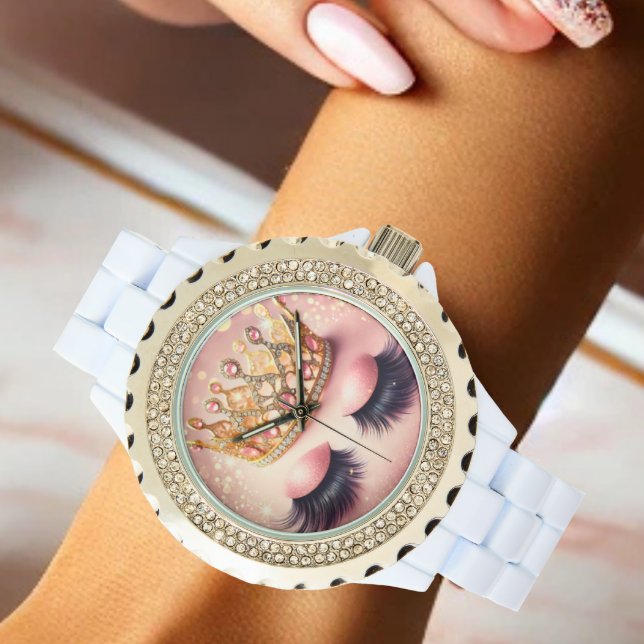 Elegant Pink & Gold Crown Eyelashes  Watch (Sparkle in style with this elegant crown & lashes watch—glamour on your wrist!)