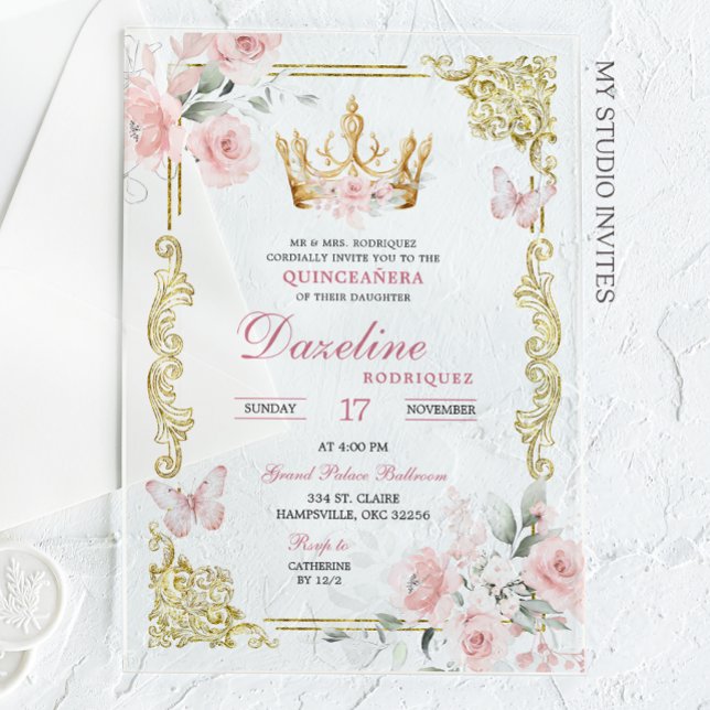 Elegant Pink Gold Crown Quinceanera Acrylic Invitations (Creator Uploaded)
