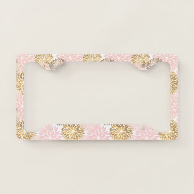 Elegant Pink Gold Dahlia Floral License Plate Frame (Front)