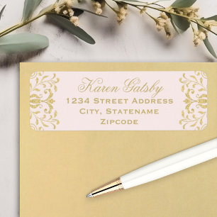 Elegant Pink Gold Damask Wedding Address Label