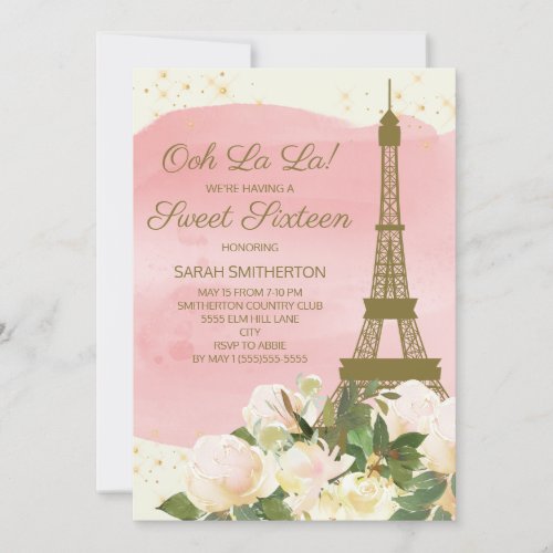 Elegant Pink Gold Eiffel Tower Paris Sweet 16  Invitation