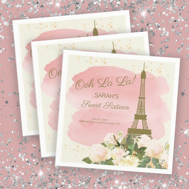 Elegant Pink Gold Eiffel Tower Paris Sweet 16 Napkins (Creator Uploaded)