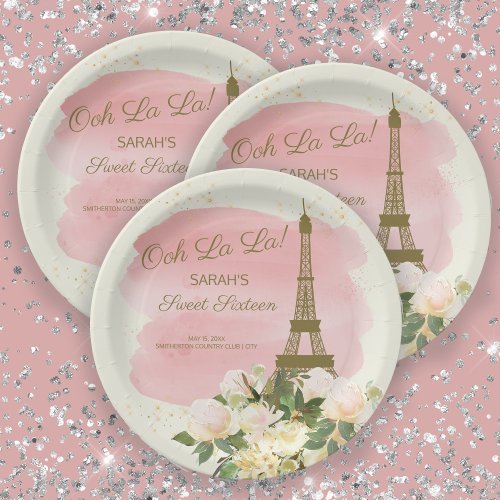 Elegant Pink Gold Eiffel Tower Paris Sweet 16  Paper Plates