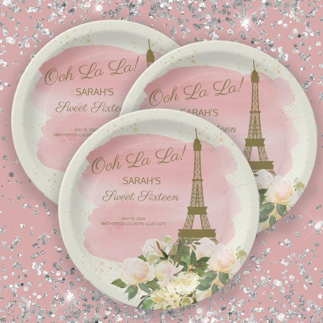 Elegant Pink Gold Eiffel Tower Paris Sweet 16  Paper Plates (Creator Uploaded)