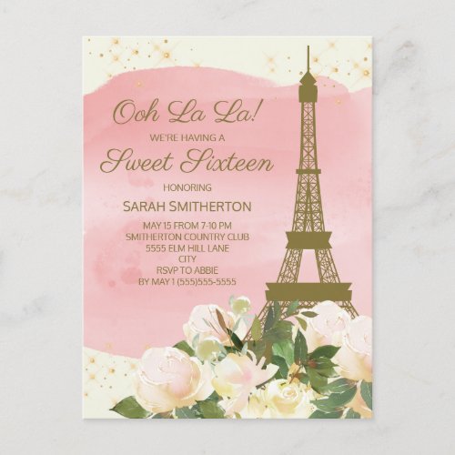 Elegant Pink Gold Eiffel Tower Paris Sweet 16  Postcard