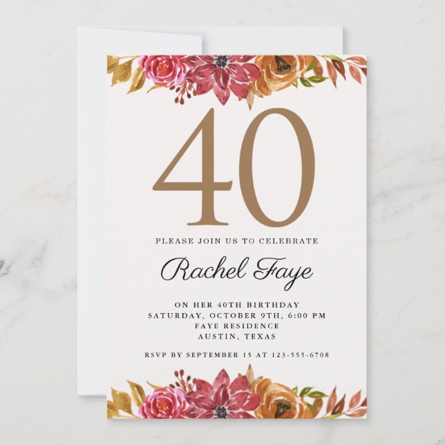 Elegant Pink Gold Floral 40th Birthday Party Invit Invitation (Front)