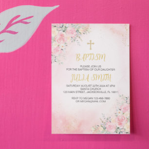 Elegant Pink Gold Floral Baptism Invitation Card