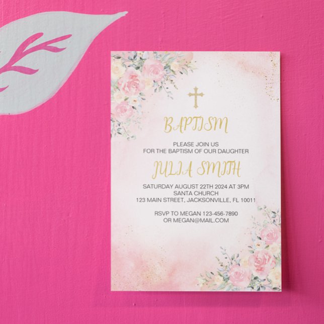 Elegant Pink Gold Floral Baptism Invitation Card (pink gold floral baptism card)