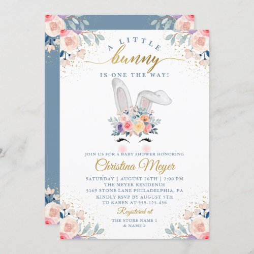 Elegant Pink Gold Floral Bunny Face Baby Shower Invitation