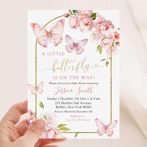 Elegant Pink Gold Floral Butterfly Is On The Way Invitation